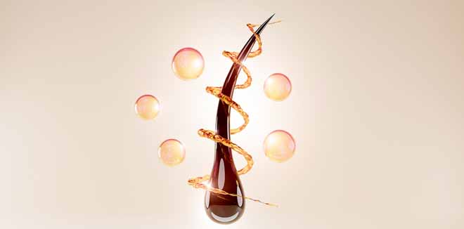 2108930075 Nourish hair with shampoo or serum. Repair damaged hair. hair follicle vitamins bubble, 3d rendering.