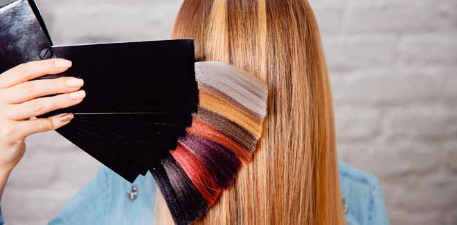 hair-colour-1 Master shows palette of hair colors on background of client.