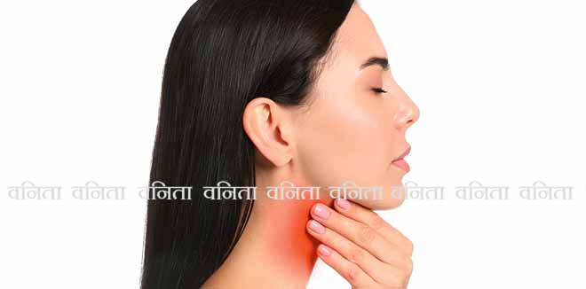 2252285553 Endocrine system. Young woman doing thyroid self examination on white background