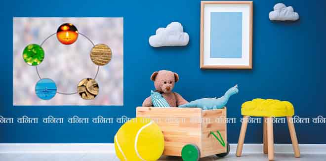 Children's room with bright color wall, interior details