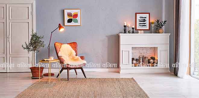 Modern room concept interior style, chair fireplace frame wicker carpet decoration, grey stone wall background.