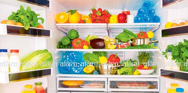 Open fridge full of fresh fruits and vegetables, healthy food background, organic nutrition, health care, dieting concept