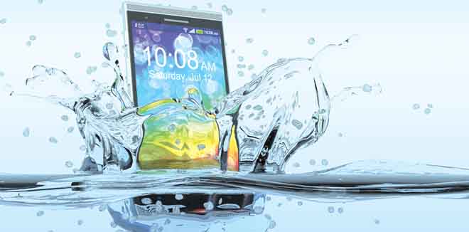 one smartphone that falls in the water with splashes around it, concept of waterproof product (3d render)