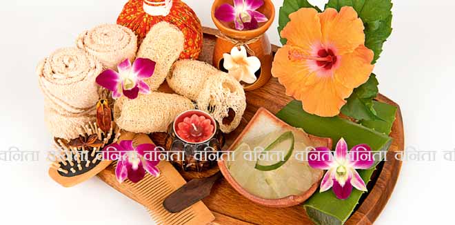 1257523699 Soak hair with aloe vera  and hibiscus flower and green leaves ,spa hair care treatment.