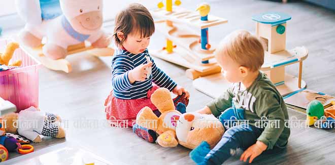 cute little girl and boy playing with toys by the home