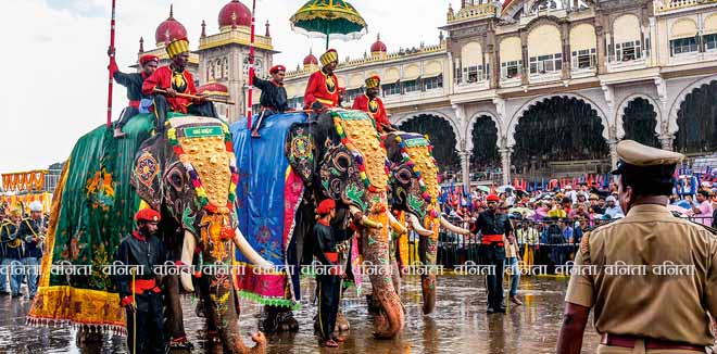 dussehra-5 MYSORE, INDIA - OCTOBER 11: People watching parade / procession on Dussehra   festival, men riding on decorated elephant with umbrella at Mysore maharajas Palace on October 11, 2016 Karnataka, India.