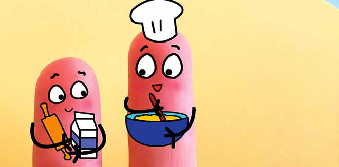 Two fingers are decorated as two person. They are baking.