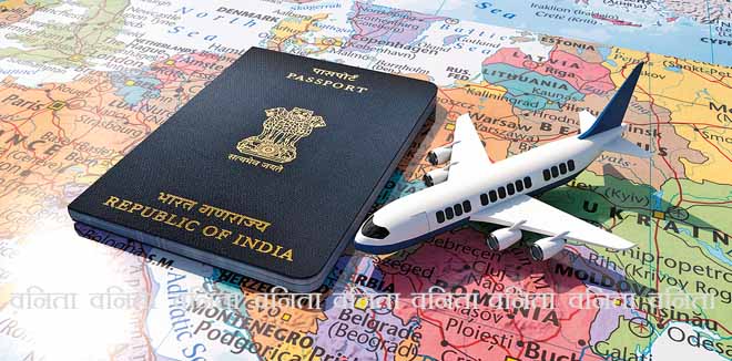 1972847852 India Passport and an airplane on world map 3D Illustration