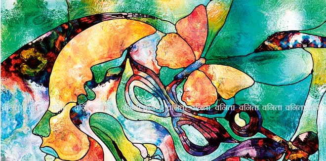 Stained Glass Forever series. Artistic abstraction composed of color fragments, shape patterns and symbols on the subject of art, space division and design