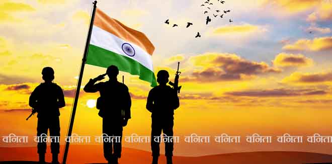 2405398529 Silhouette of a soldier with the India flag stands against the background of a sunset or sunrise. Concept of national holidays. Commemoration Day.